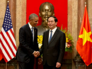 U.S. President Barack Obama, left, and Vietnamese President Tran Dai Quang shake hands at the Presidential Palace in Hanoi, Vietnam, Monday, May 23, 2016. The president is on a weeklong trip to Asia as part of his effort to pay more attention to the region and boost economic and security cooperation. (AP Photo/Carolyn Kaster)